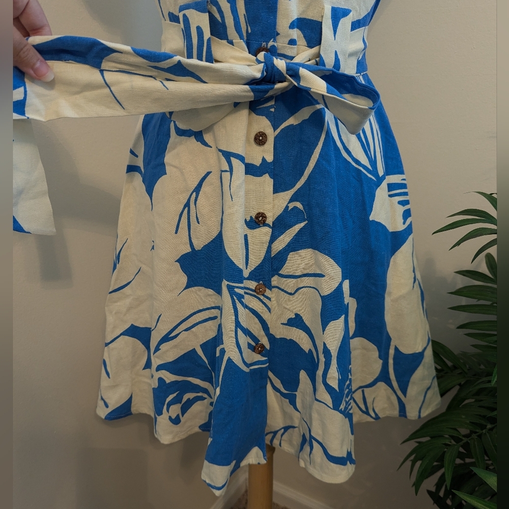 OneTheLand Tropical Floral Print Linen Button Up Mini Dress Blue White Medium - Picture 5 of 12